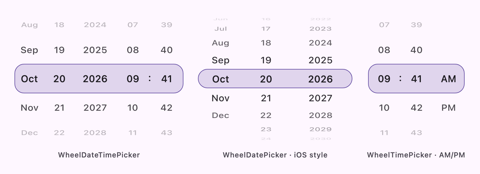 WheelDateTimePicker, an iOS-style WheelDatePicker and a WheelTimePicker with AM/PM