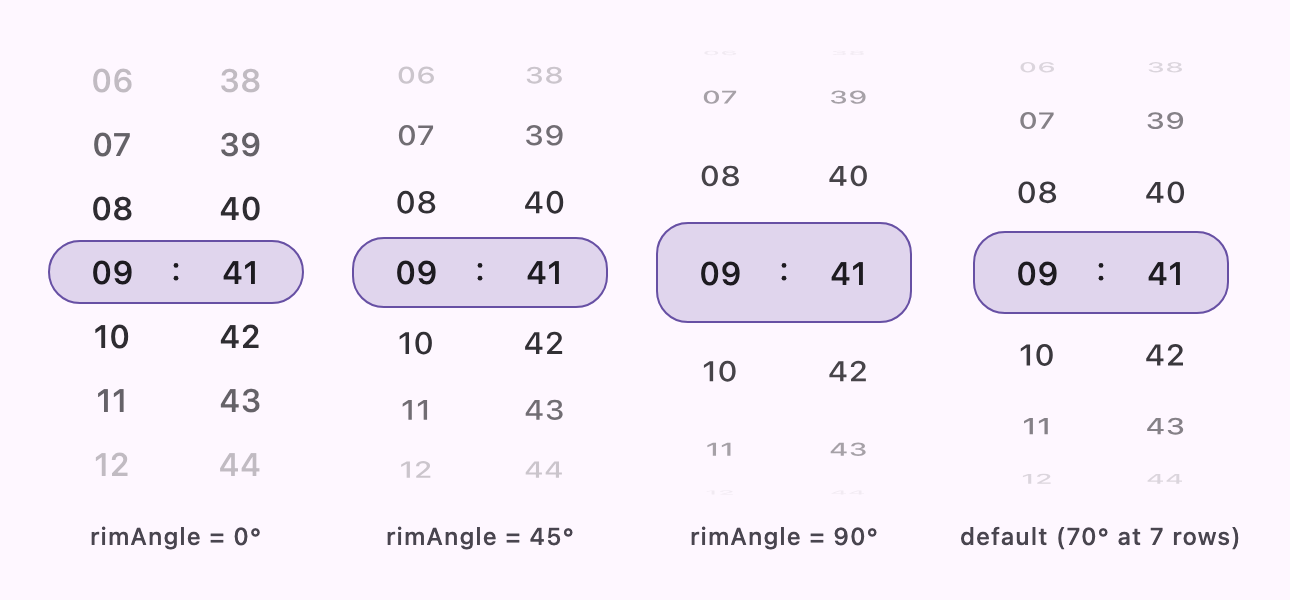 The same time picker with rimAngle 0, 45 and 90 degrees and the default