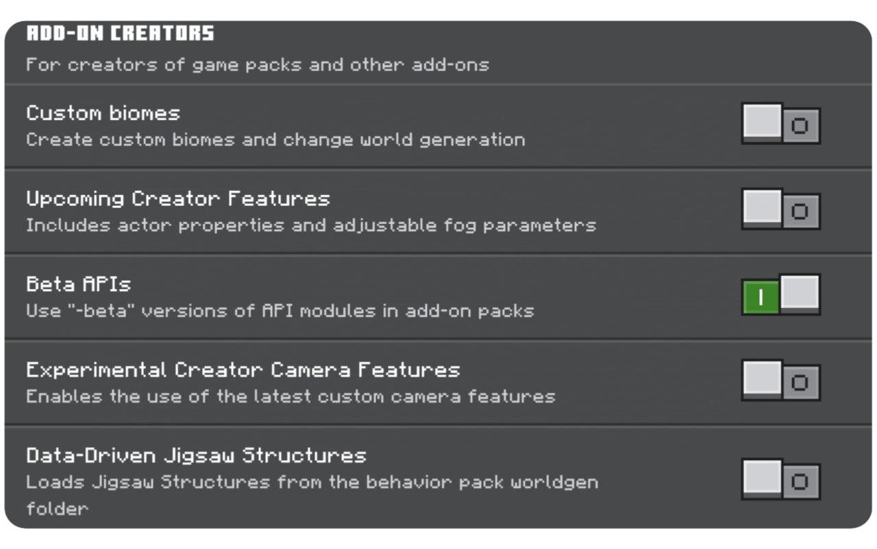 Experimental Features Screenshot