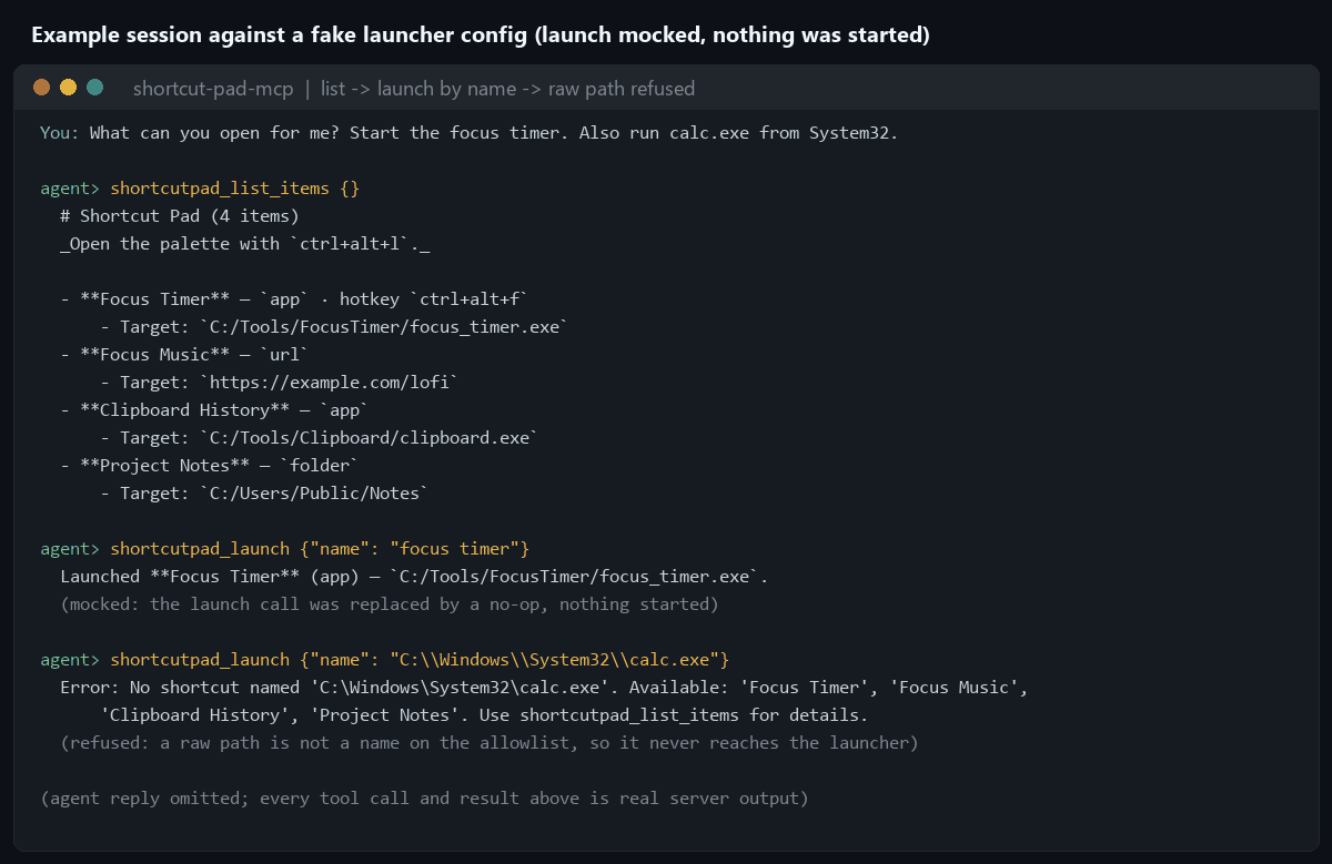 Terminal-style demo: list the pad, launch Focus Timer by name, and a raw calc.exe path refused. Example session against a fake config with the launch mocked.
