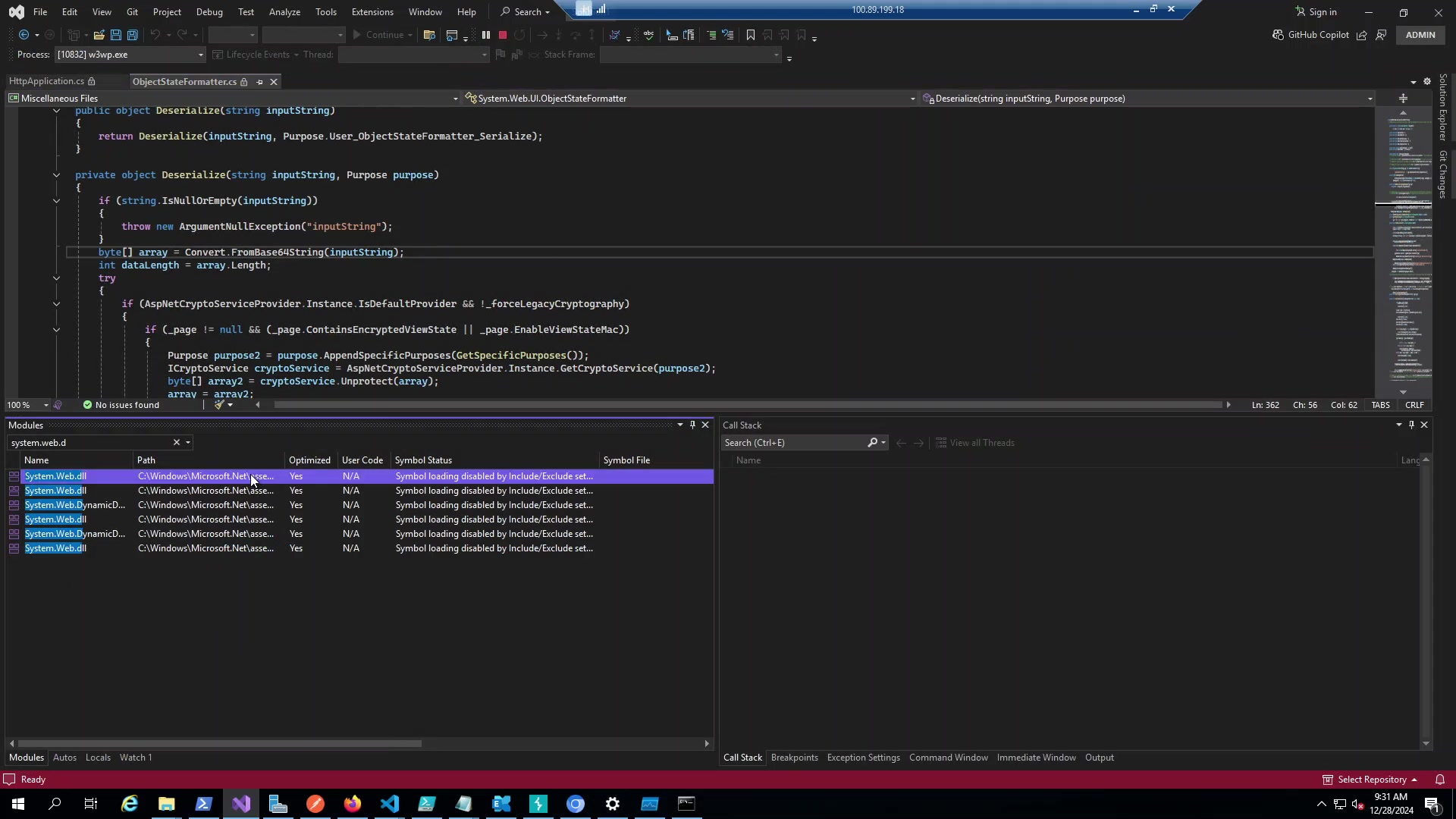 Figure 2: Debugging the IIS worker process. You can see the ObjectStateFormatter code path where deserialization occurs.