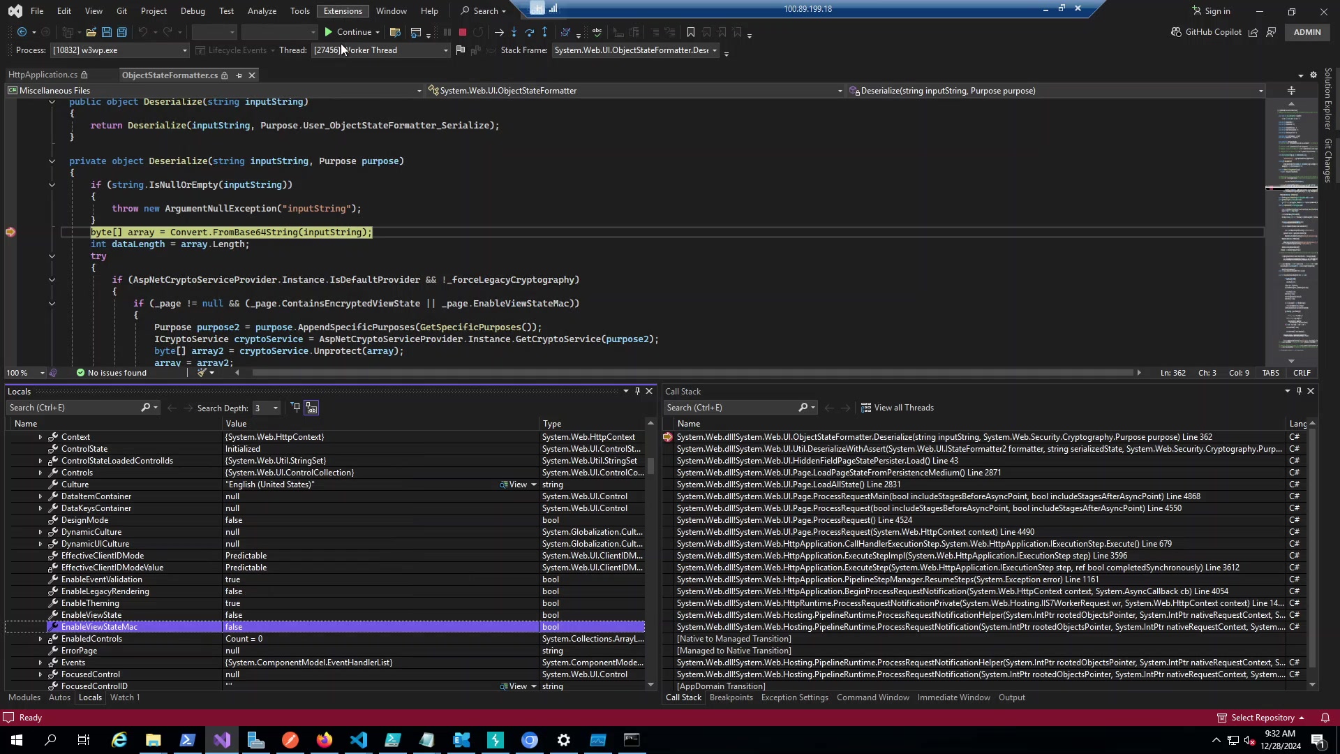 EnableViewStateMac is false, meaning our unsigned payload passes straight through to deserialization.