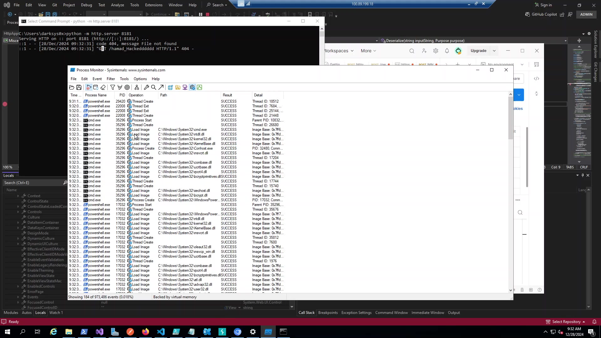 Figure 4: Left side shows Process Monitor capturing the command execution. Right side shows my HTTP server receiving the callback proof the payload executed.