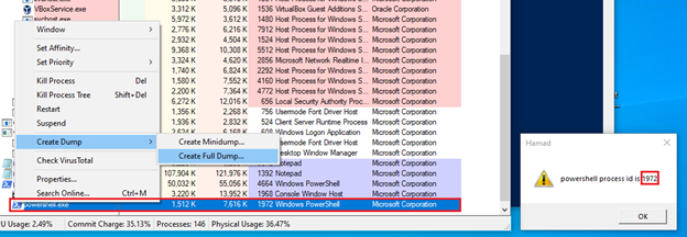 Figure 8: Creating a full dump of the last powershell process