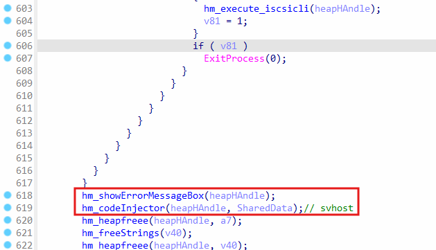 Show error message box and perform process injection