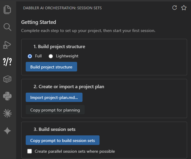 The Getting Started form in the Session Set Explorer: build project structure with a Full/Lightweight tier choice, create or import a project plan, build session sets