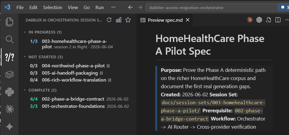 The Session Set Explorer beside a session-set spec: in-progress, not-started (blocked), and complete sets with their session fractions