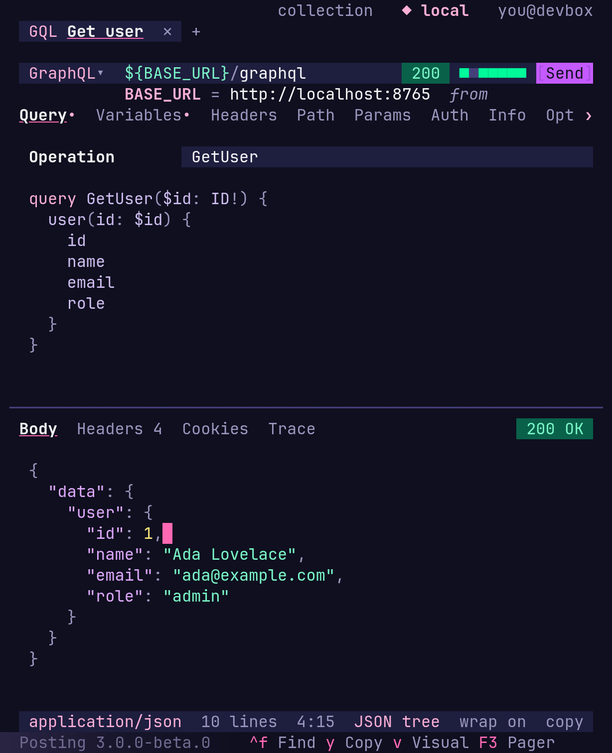 A GraphQL query with variables and a successful JSON response