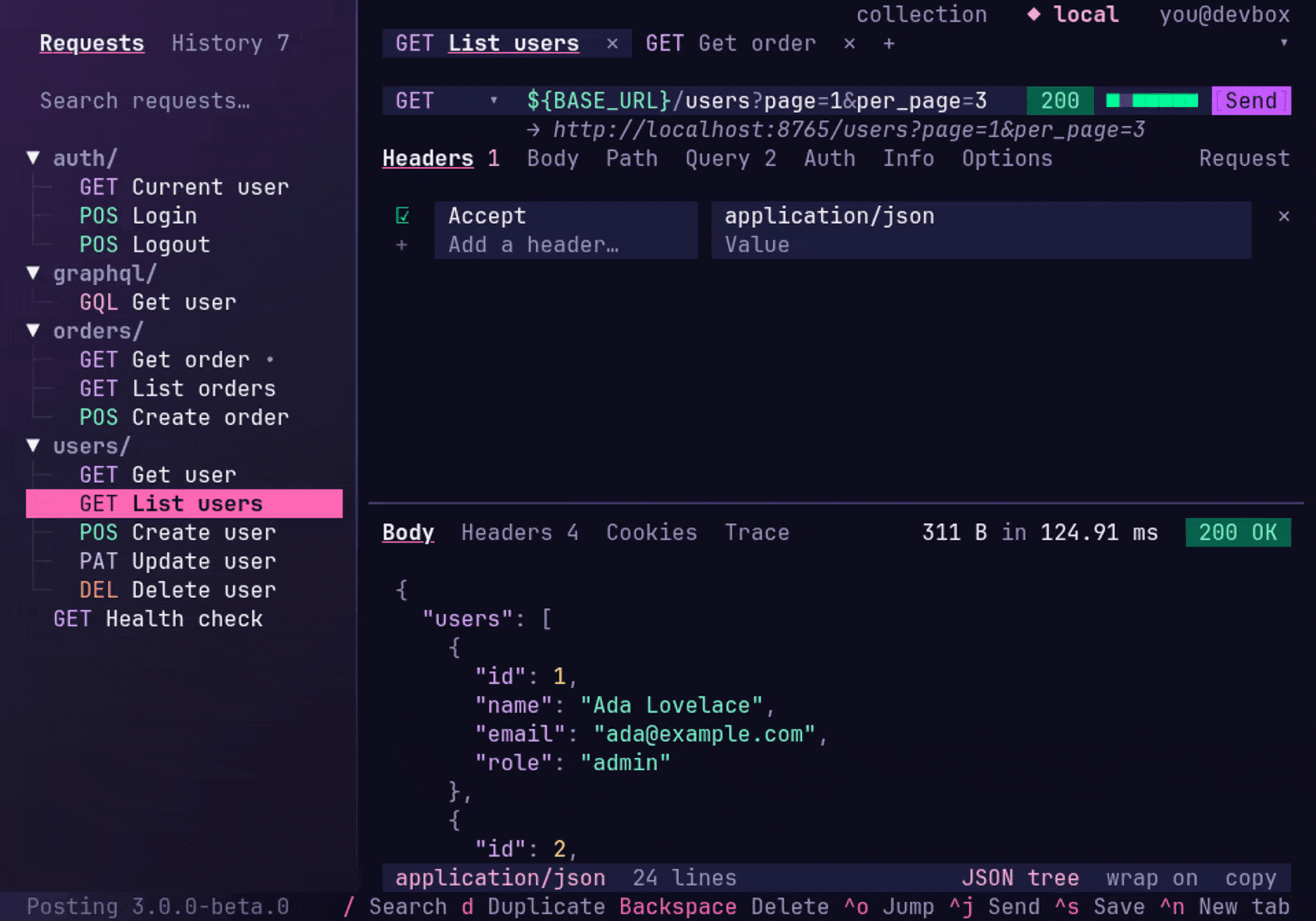 Filtering the collection, opening a request, jumping to a header field and accepting an autocompletion, then jumping into the response