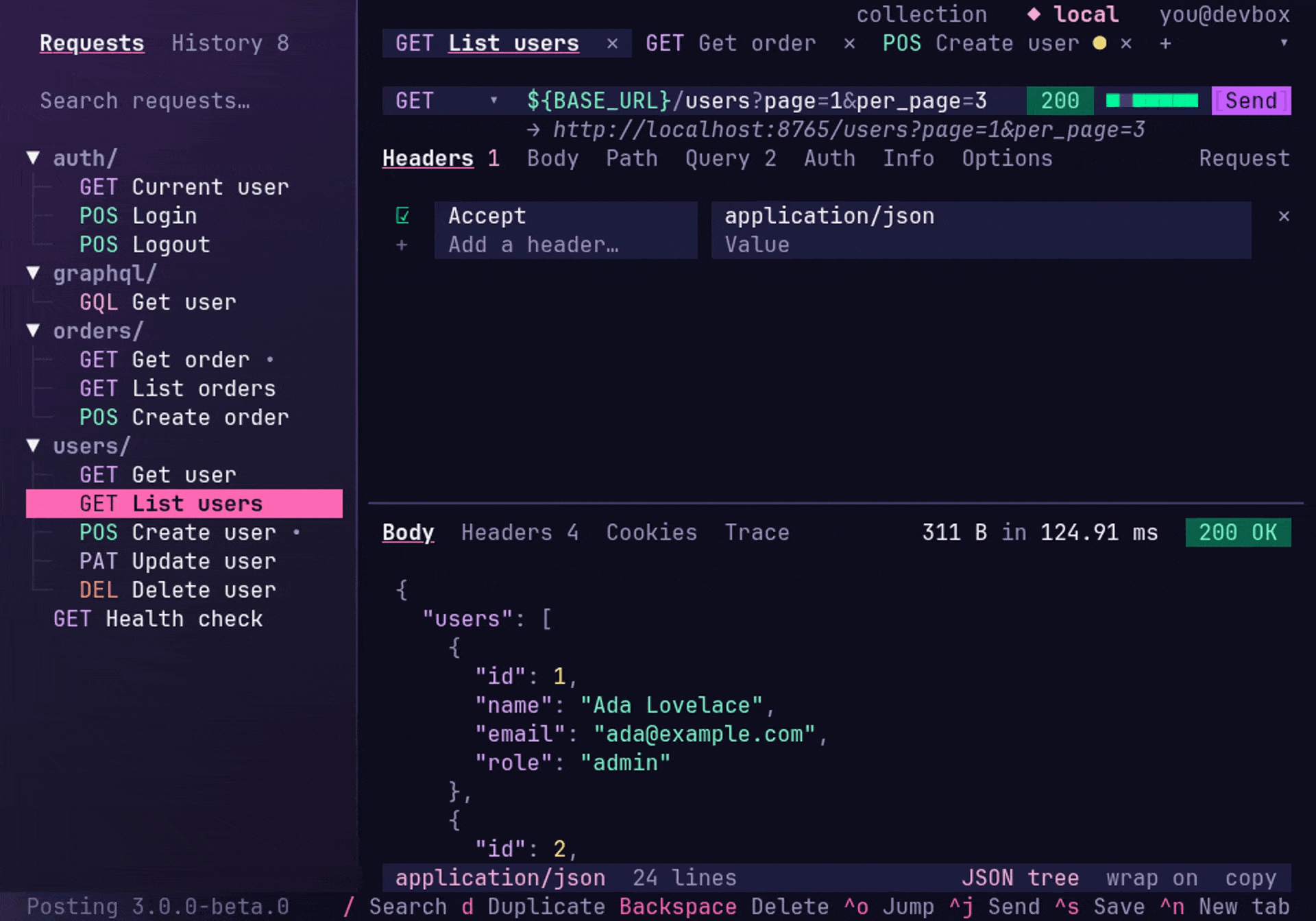 Using the mouse to switch request tabs, resize the response panel, scroll through a response, and select text