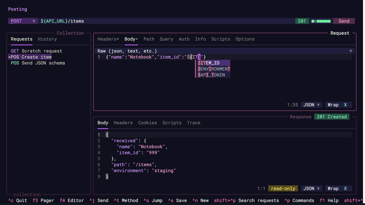 Variable completion in a JSON request body