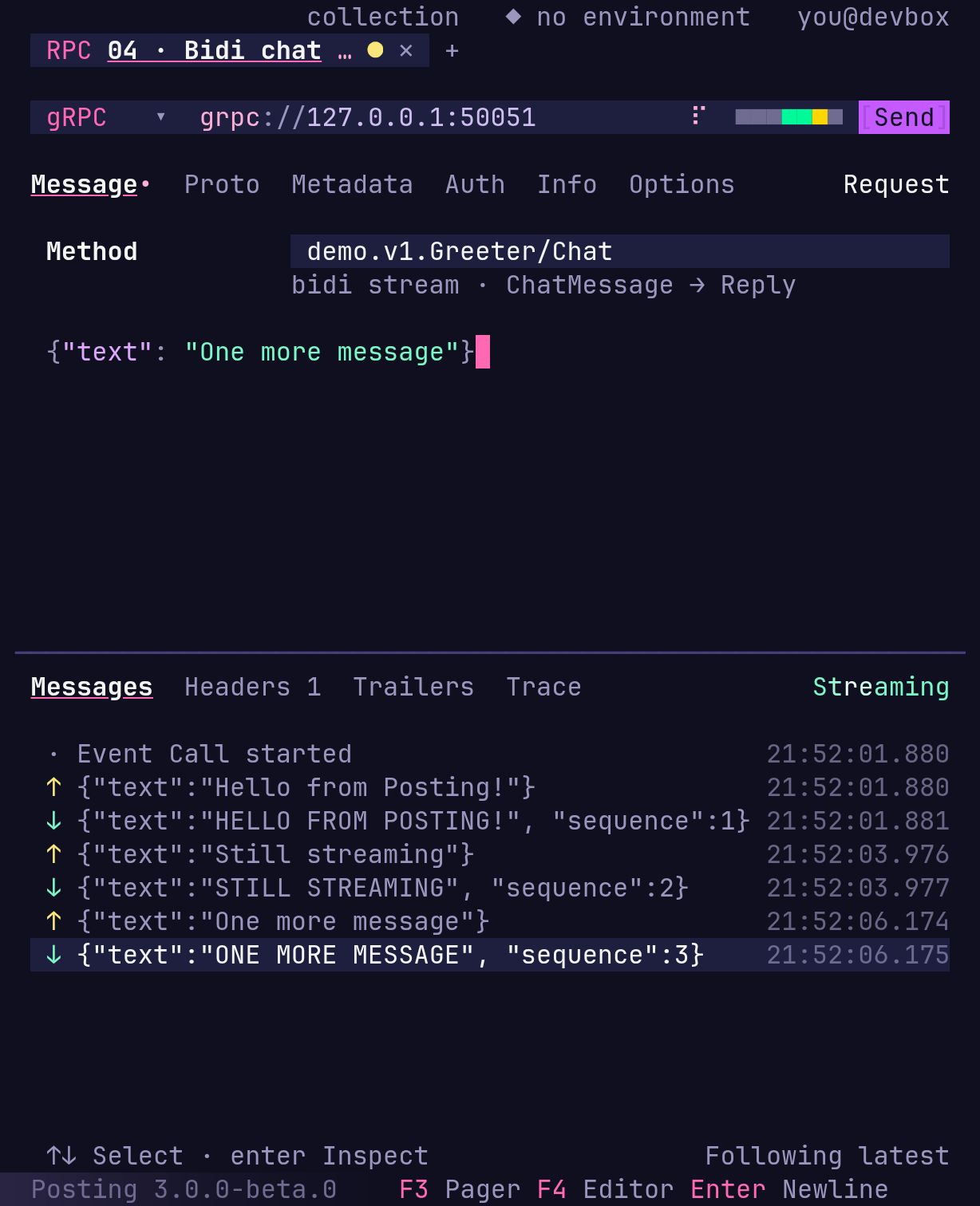 An open bidirectional gRPC stream with sent and received messages and Streaming status