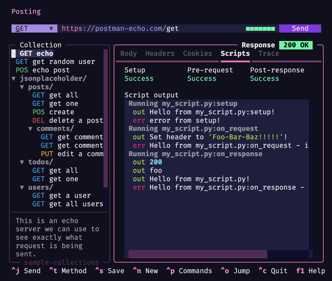 Posting Scripts tab showing the output of a Python pre-request hook