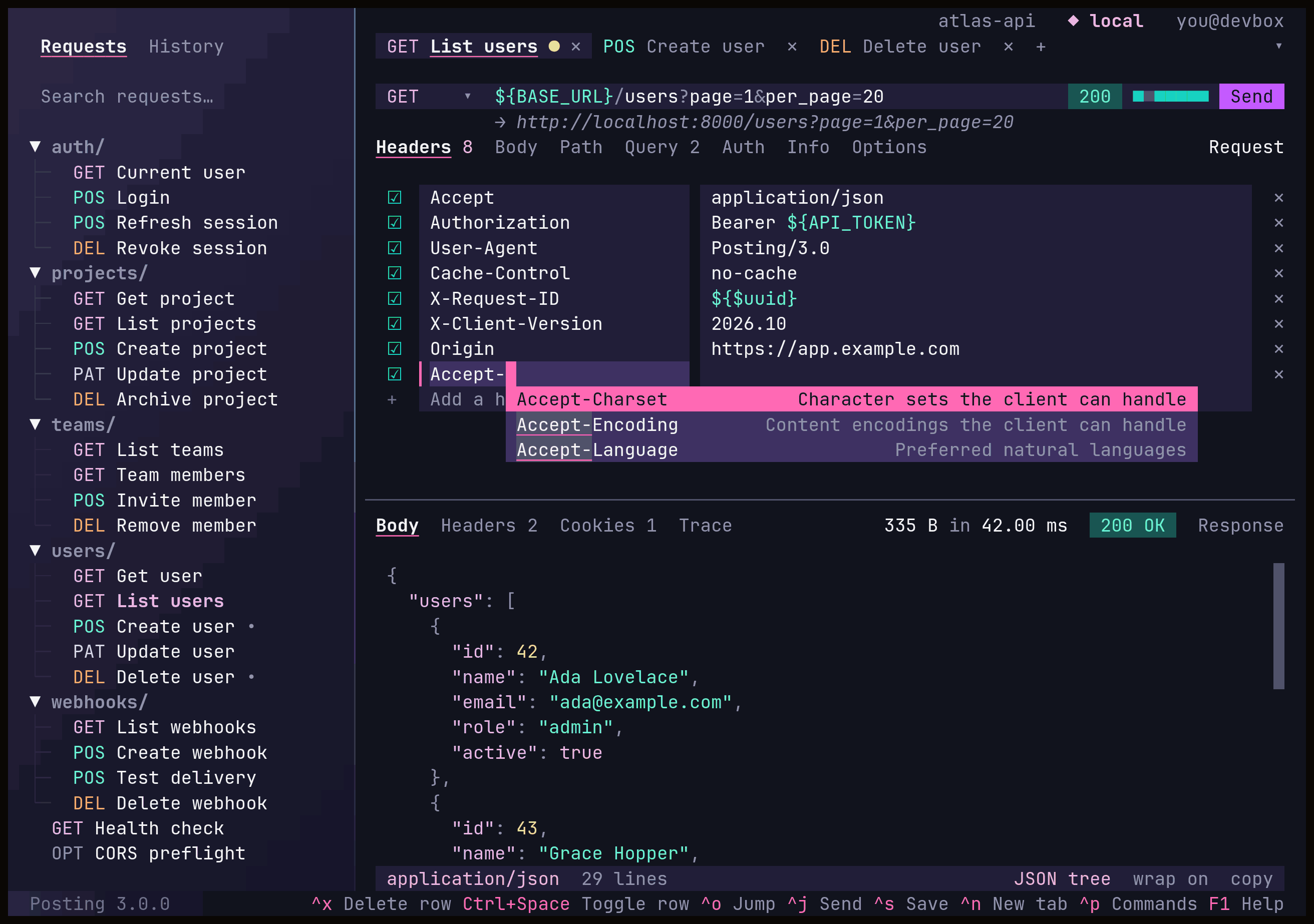 Posting cycling through six dark themes, with request tabs, a populated collection, header autocomplete, and a JSON response