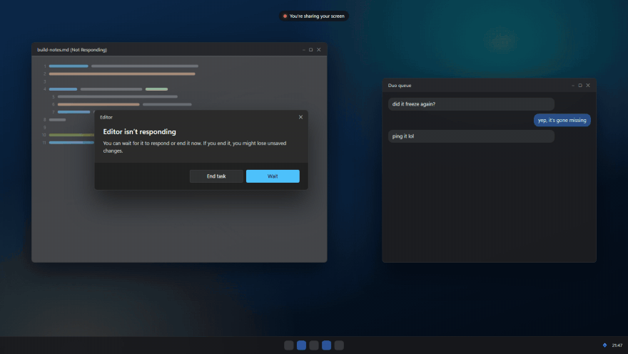 An app freezes with a not-responding dialog, and the ping wheel drops three Enemy Missing pings on it