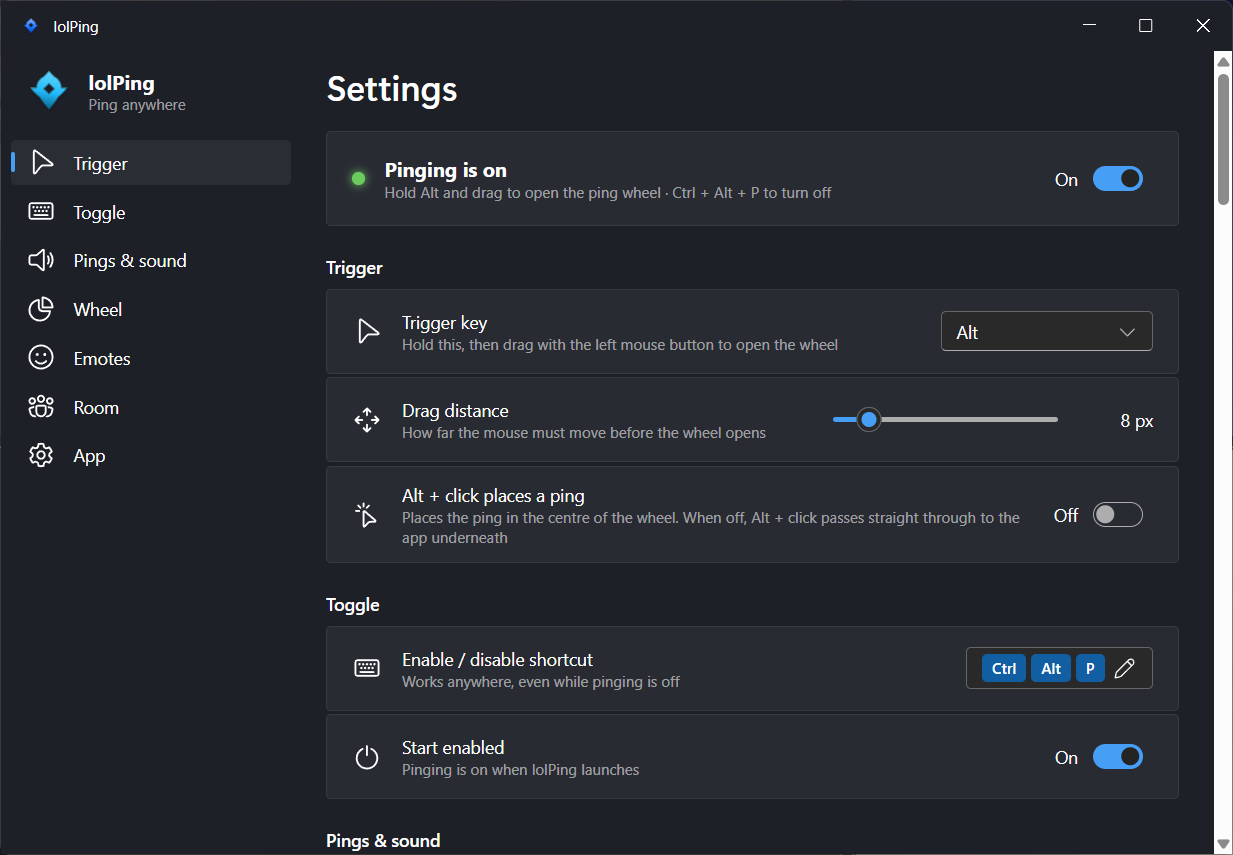 The lolPing settings window, with sections for trigger, toggle, pings and sound, wheel, emotes, room and app