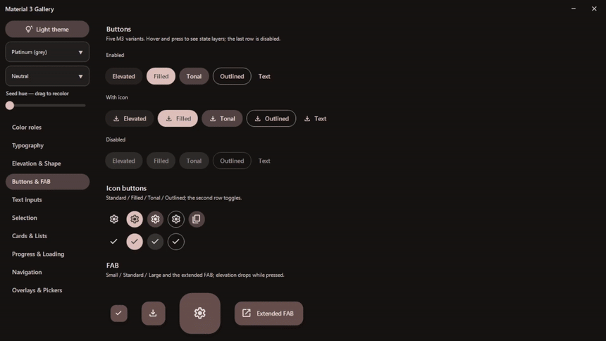 Dragging the seed hue recolors the whole palette live in the Material 3 gallery