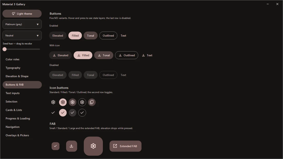 Buttons & FAB, dark theme