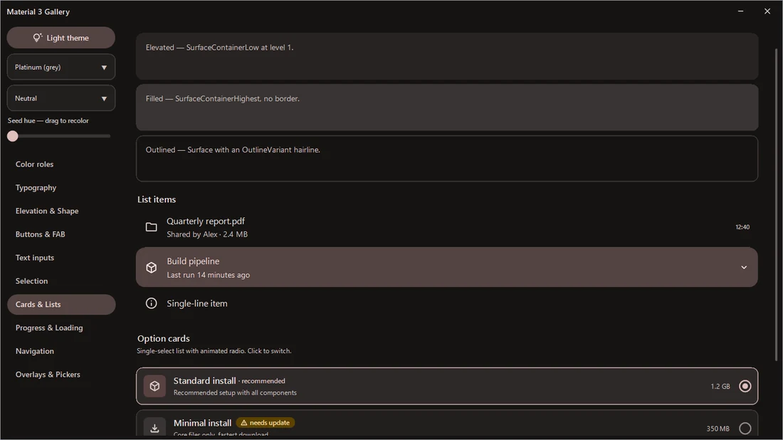 Cards & lists, dark theme