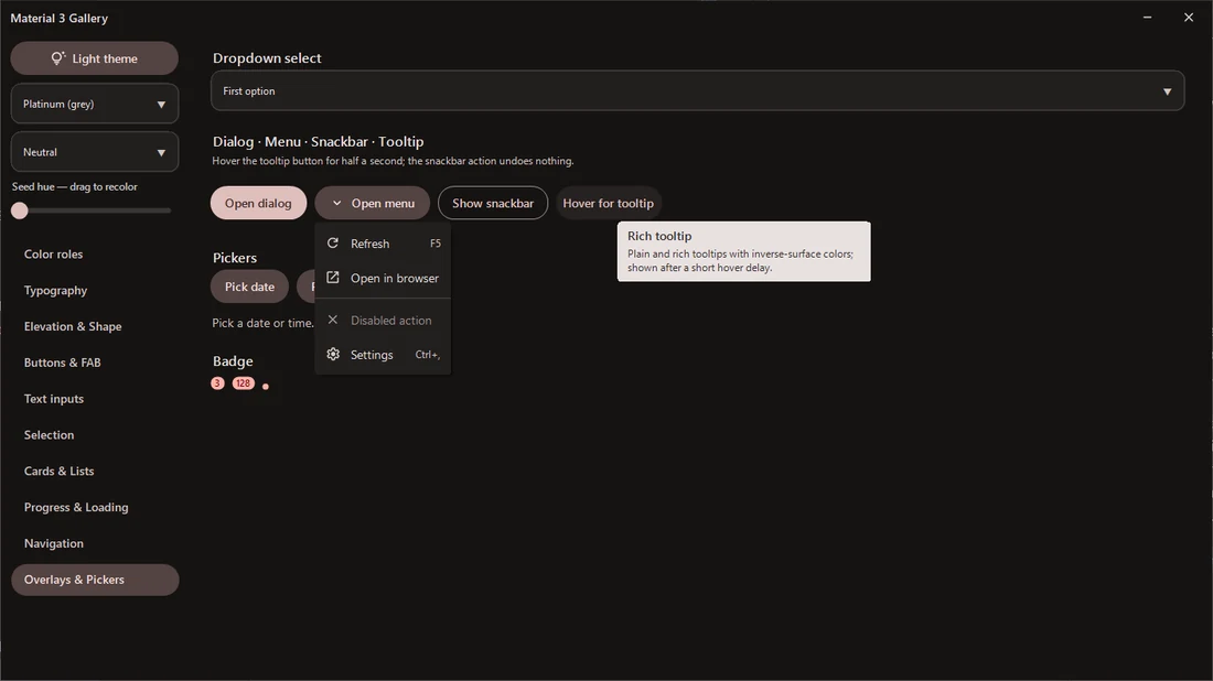 Overlays & pickers, dark theme