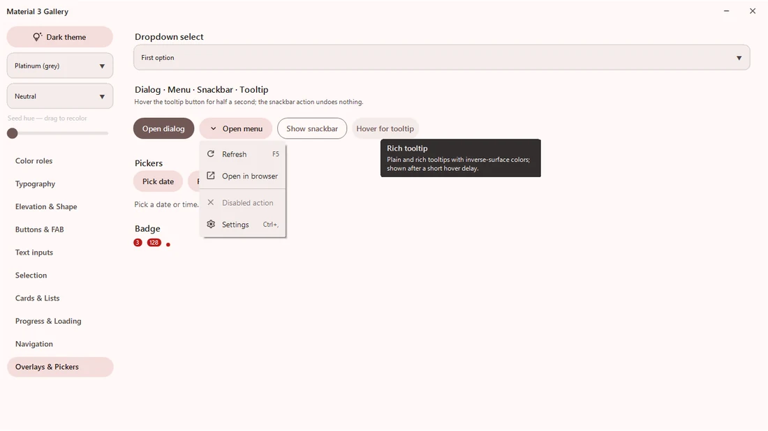 Overlays & pickers, light theme
