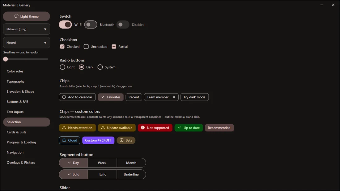 Selection controls, dark theme
