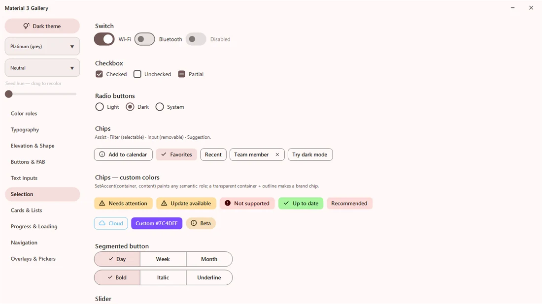Selection controls, light theme
