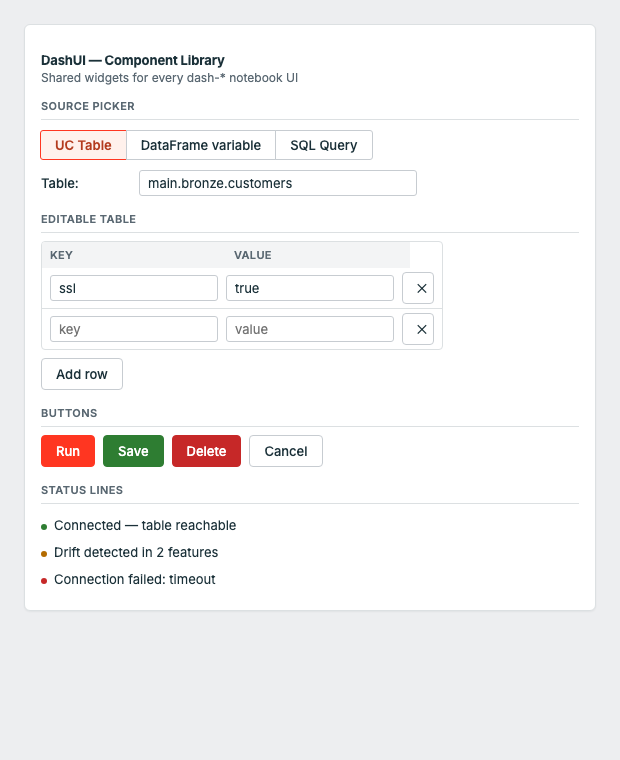 DashUI components — header, source picker, buttons, status lines, output panel
