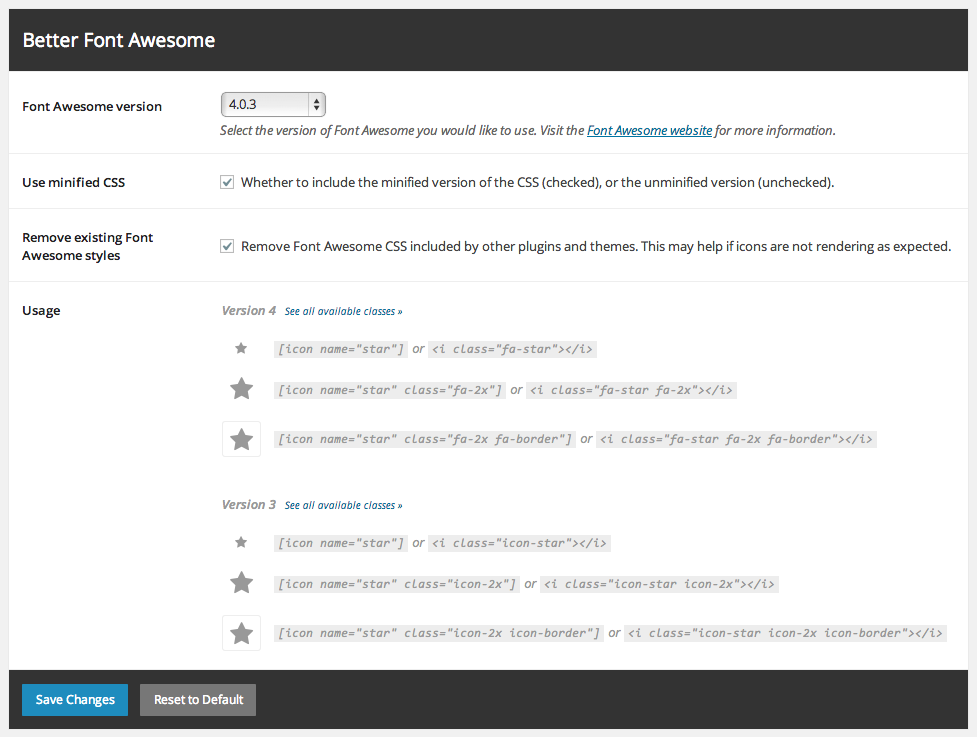 The Better Font Awesome settings page