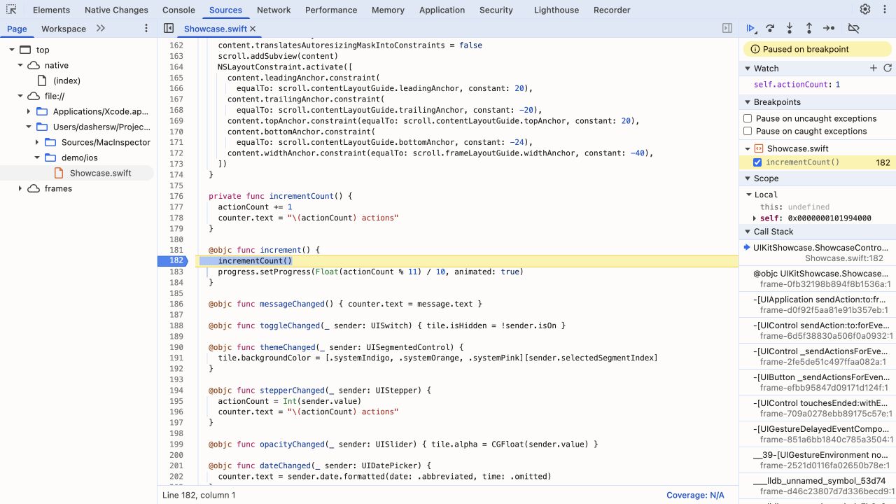 iOS Swift breakpoint with native watch value and UIKit call stack