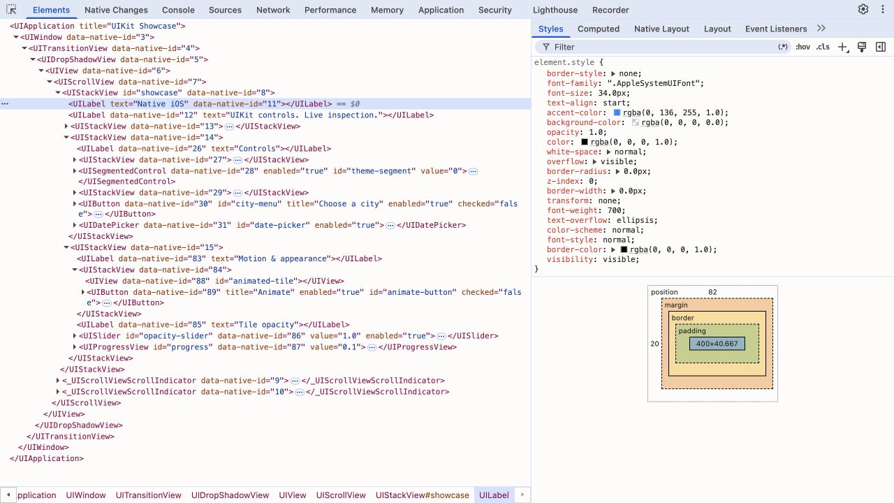 UIKit Elements tree with editable native fonts and appearance
