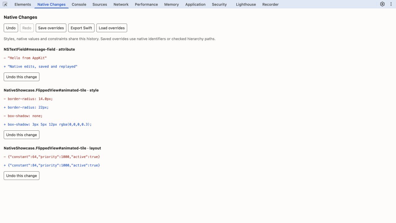 Native edit history with undo, redo and export