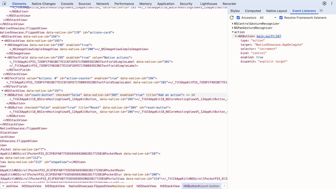 Native target/action handlers in DevTools