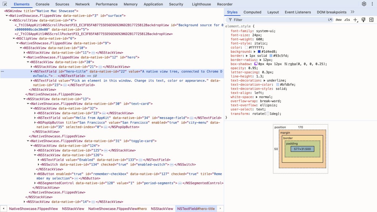 Native Elements tree with editable fonts, colors, borders, shadows and text formatting