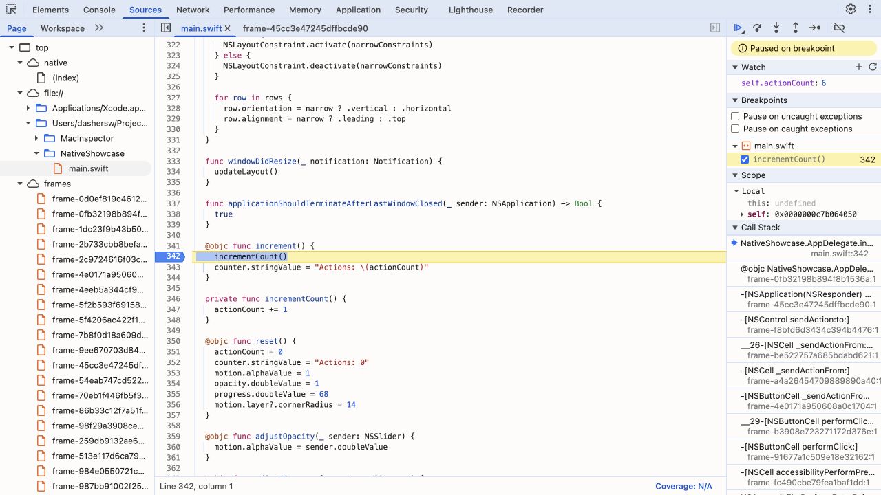 Swift source stopped at a native breakpoint
