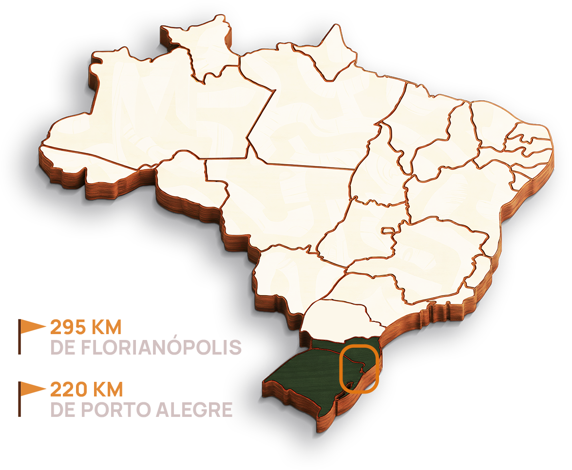 Mapa ilustrado do território do Geoparque Caminhos dos Cânions do Sul, com os sete municípios e Praia Grande/SC como base
