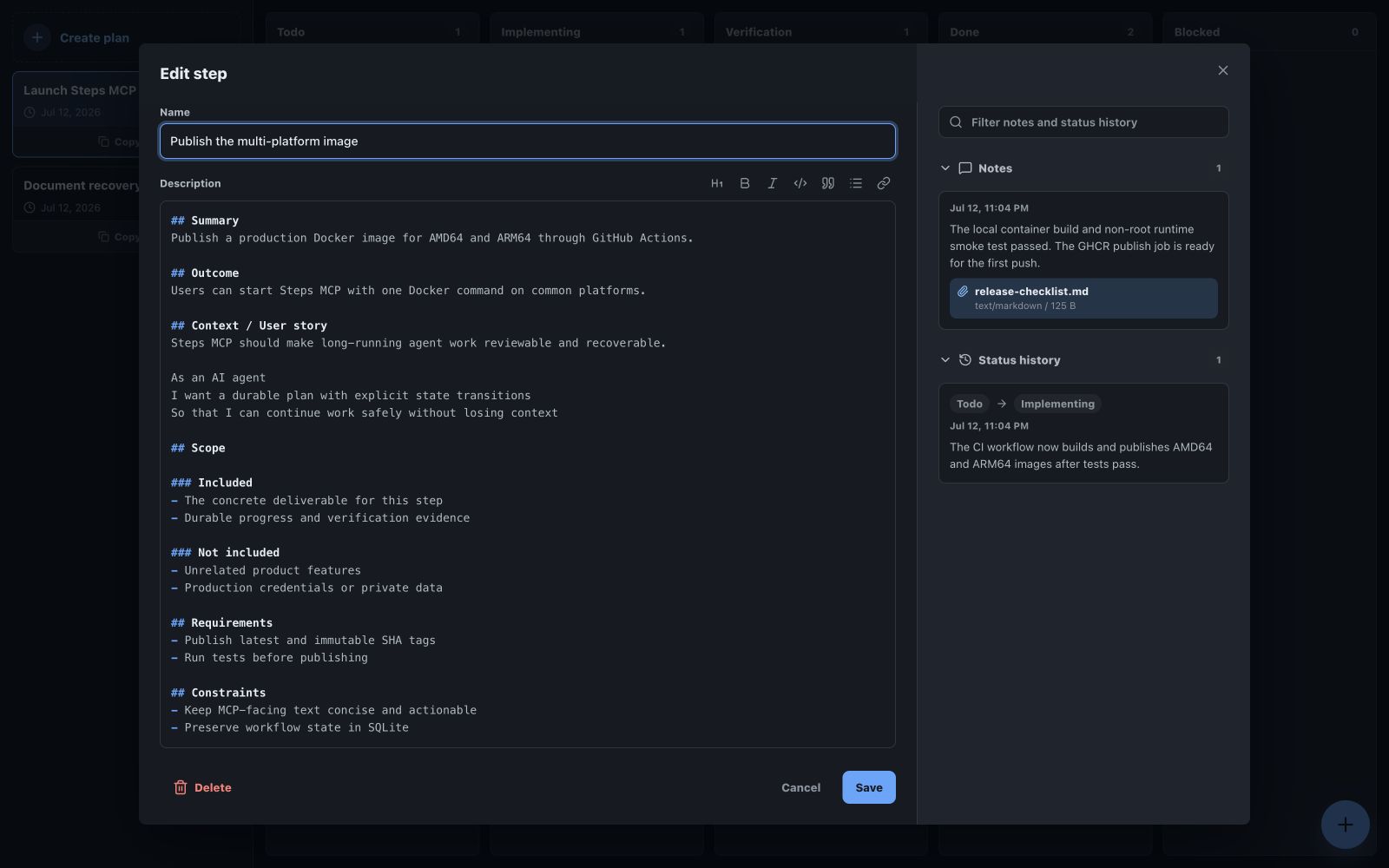 Step description, notes, attachment, and status history