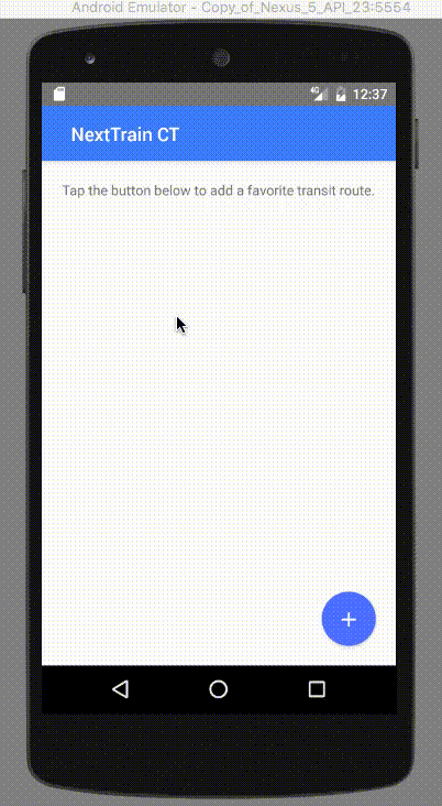 a demonstration of an app being used on an android device. the user chooses a route by selecting an origin train station and a destination train station. the route gets saved to the user's favorites, and a corresponding link is added to the home-screen. the user then clicks on the route link from the home screen and is redirected to a list of upcoming trains.
