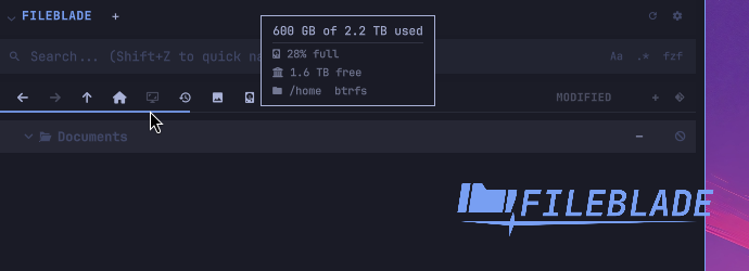 Drive storage indicator with the cursor showing used space, free space and filesystem details