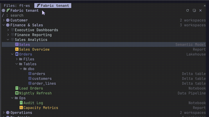 The Fabric pane highlighting a semantic model Claude reads