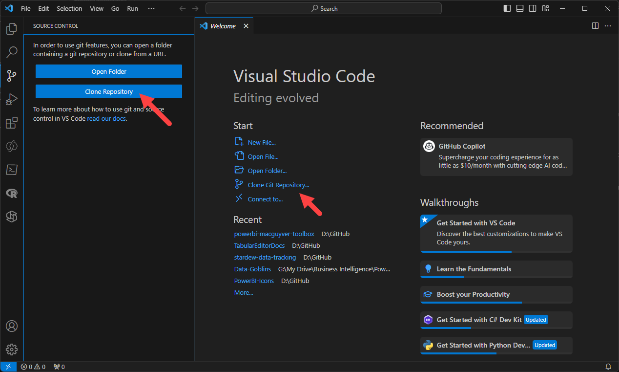 An image depicting how to clone a repository in VS code