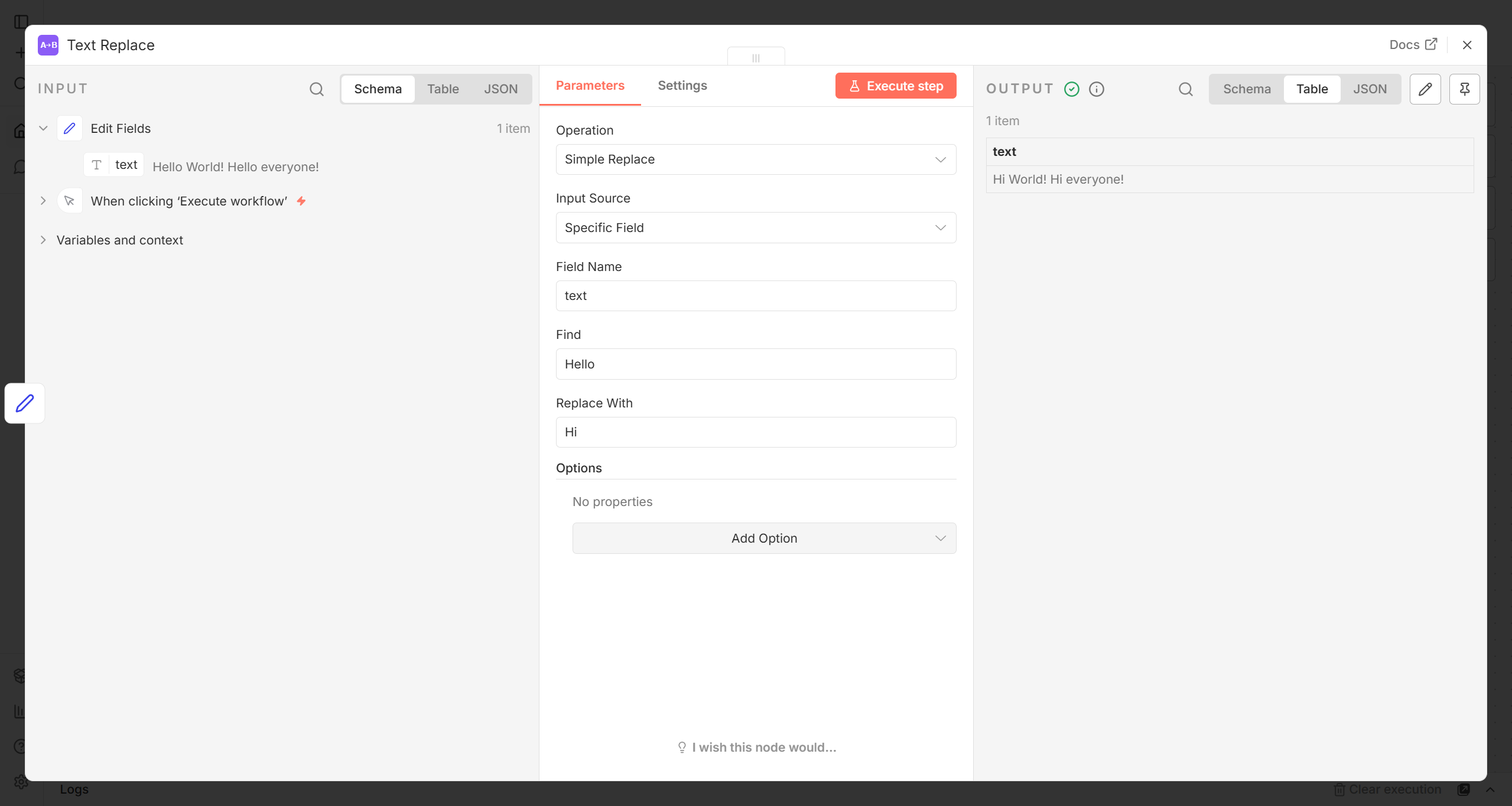n8n Text Replace Node - Simple Replace operation showing Hello replaced with Hi