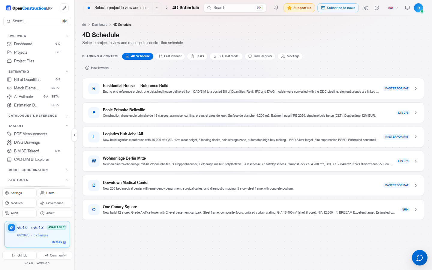 4D Schedule module listing projects with planned durations and linked cost models