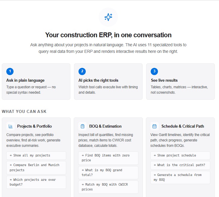 Floating chat answering questions about projects, BOQ and schedule from live ERP data