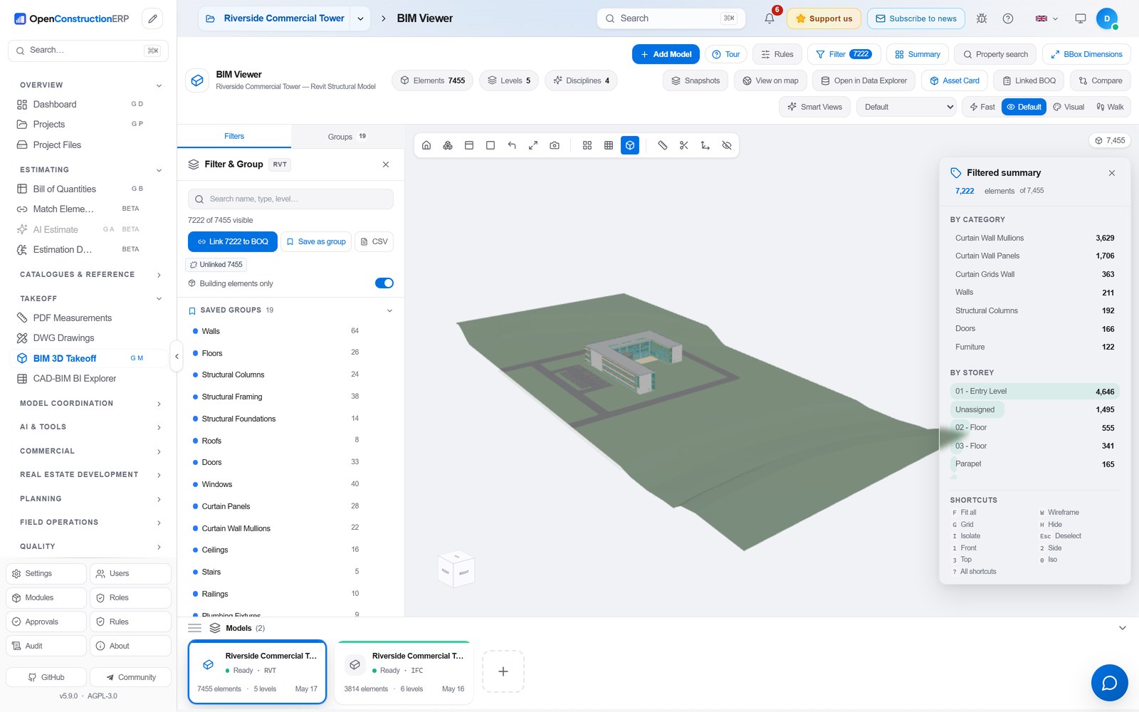 3D BIM viewer with element summary