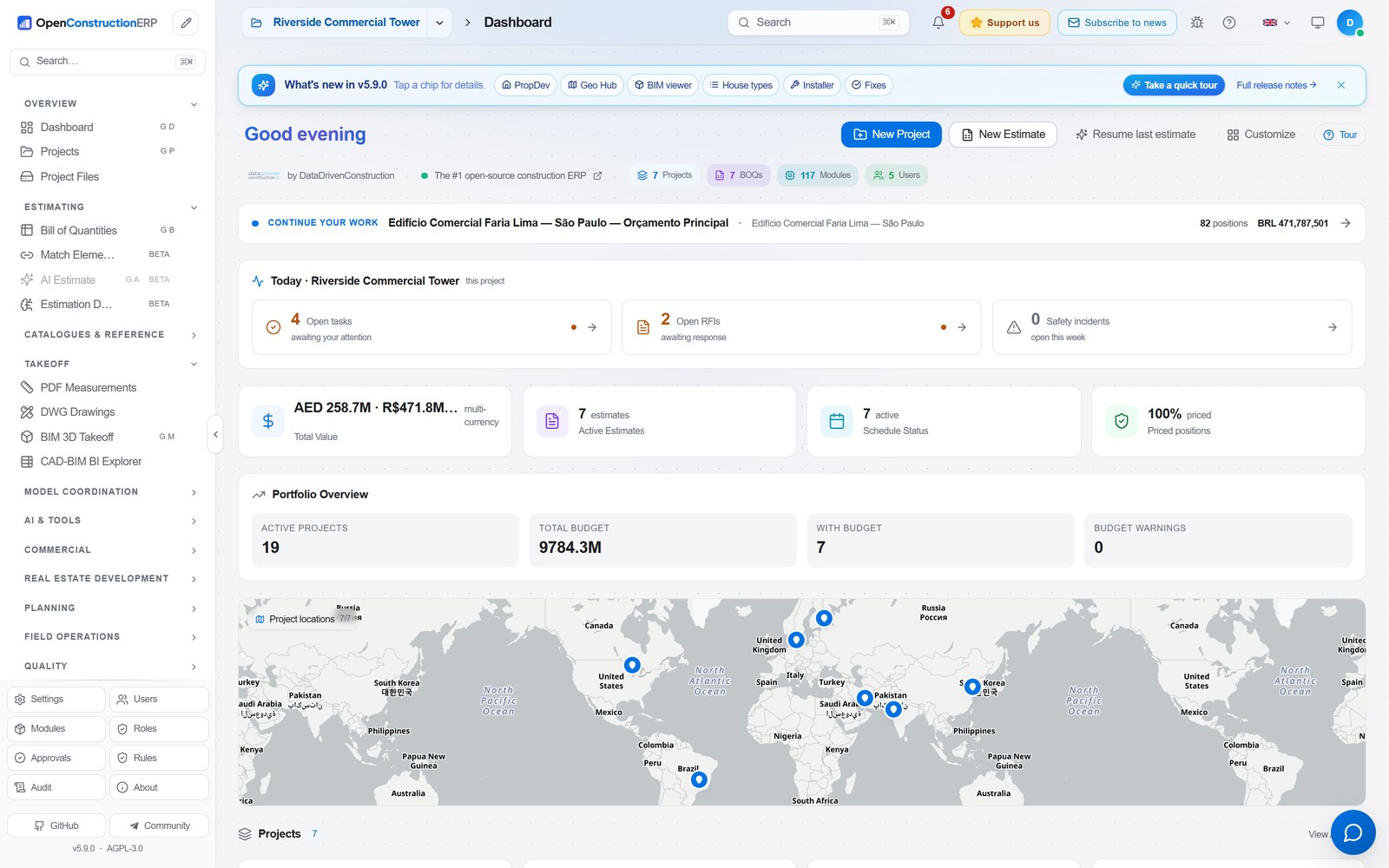 Portfolio dashboard with world map and KPIs