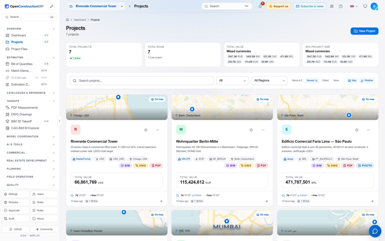 Projects overview with localized project cards